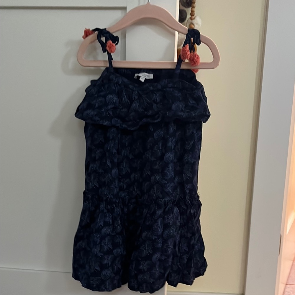 Navy Blue Ruffled Dress with Floral Accents